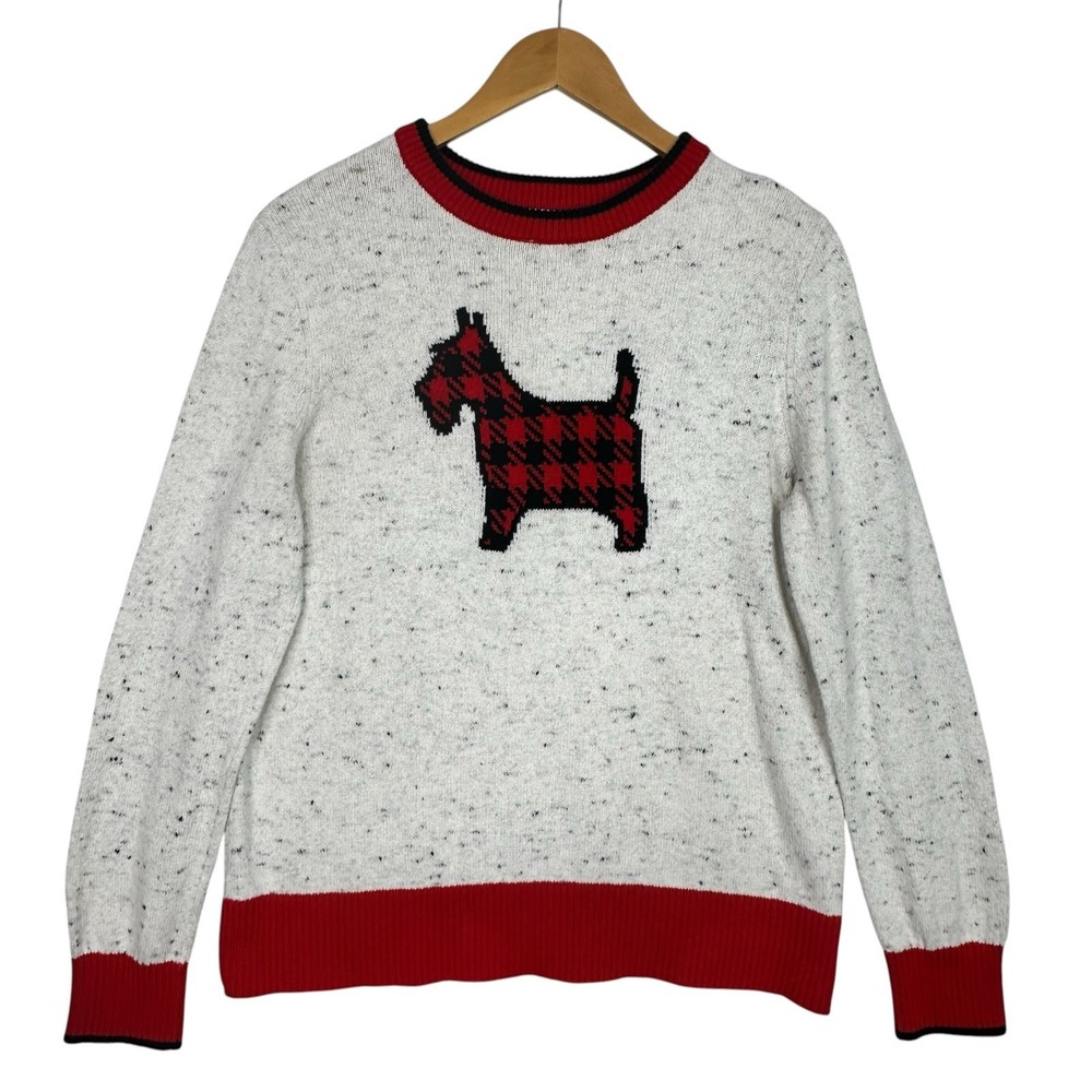 Charter Club Scottie Dog Sweater Womens L Red Black Plaid Terrier Holiday Knit